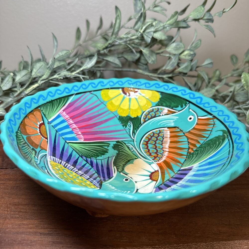 Hand Painted Mexican Folk Art Pottery Footed Bowl Bird Floral Terracotta 6.75” - Picture 9 of 12